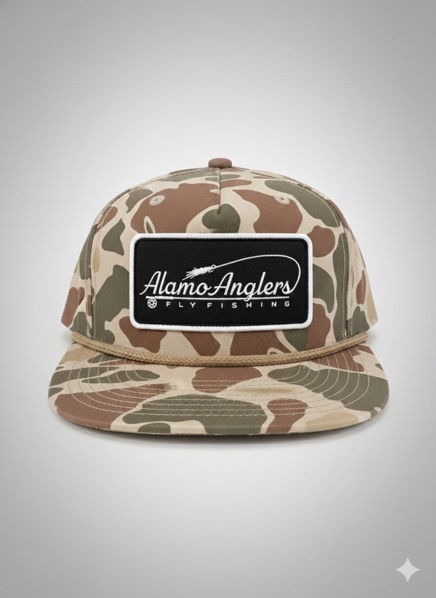 Alamo Anglers Shop Hat Harvest Duck Camo w light brown rope - from Alamo Anglers